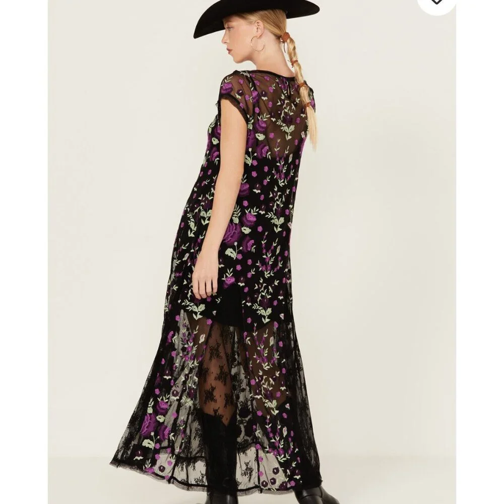 Free People Sky Bright Floral Embroidered Sheer Lace Overlay Midi Dress size XS